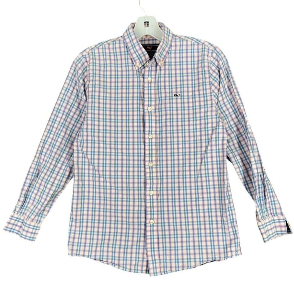 Vineyard Vines Shirt Boys Medium‎ Pink Blue Cotton Whale School Formal Casual